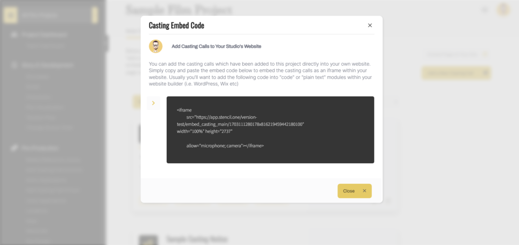Embed casting call in website